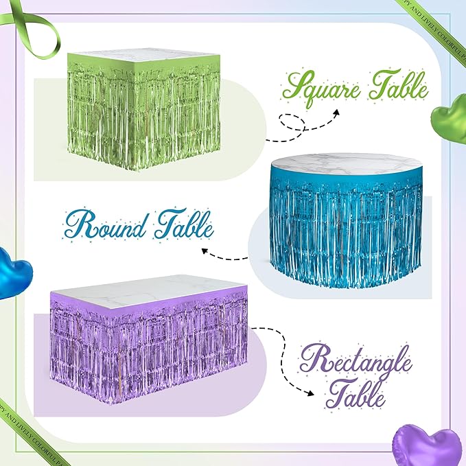 3 Pack Blue Green Purple Table Skirts, 29x108" Metallic Foil Tinsel Fringe - Image 4