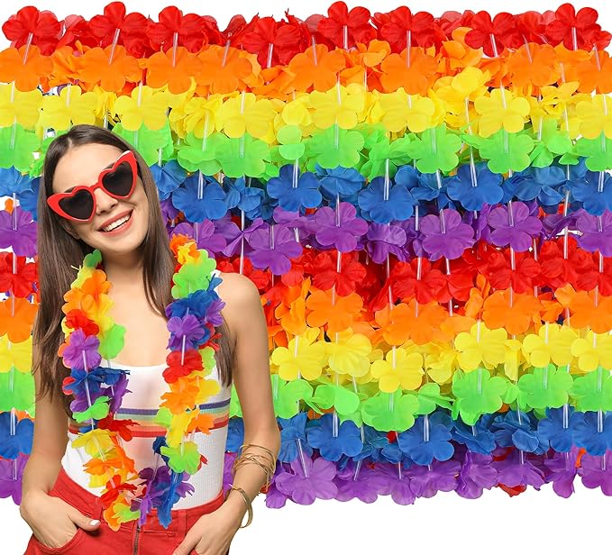Hawaiian Leis Decorations, Luau Party Leis Bulk, Rainbow Hawaiian Pride Month by Arrowom