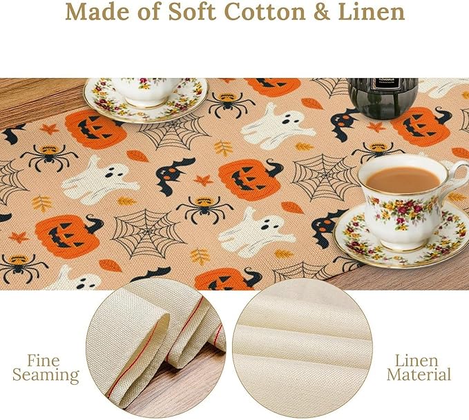 Halloween Table Runner, Cute Ghost Pumpkin Leaves Table Runner - Image 5