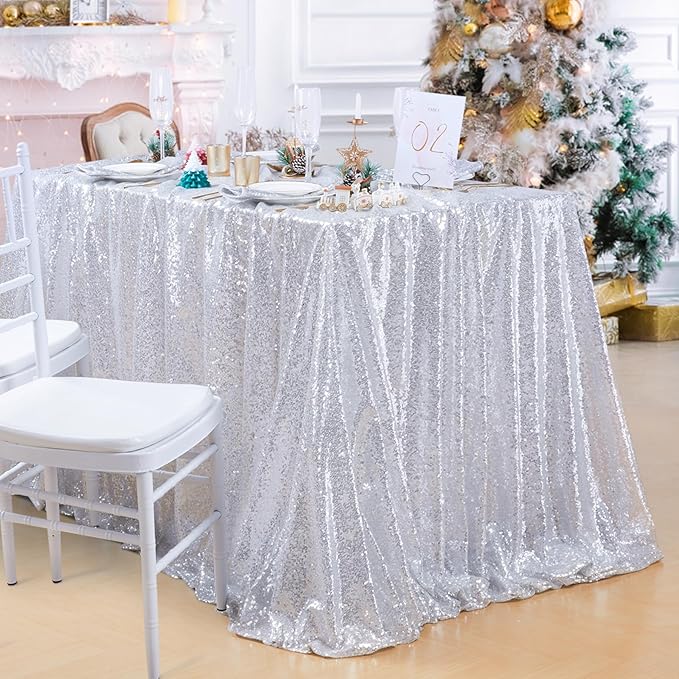 QueenDream Sequin Tablecloth 90x132 Inches Rectangular Silver Table Cloth by QueenDream