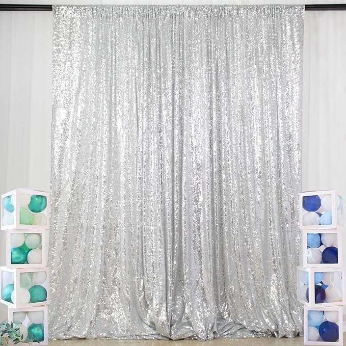 ShinyBeauty Sequin Curtains Silver 4FTx8FT Sequin Photo Backdrop Silver Sequin by ShinyBeauty