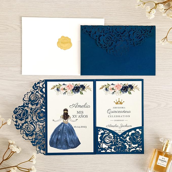 DORIS HOME 50pcs Laser Cut Quinceanera Invitations Blue, 4.7x7.1 Personalized - Image 2