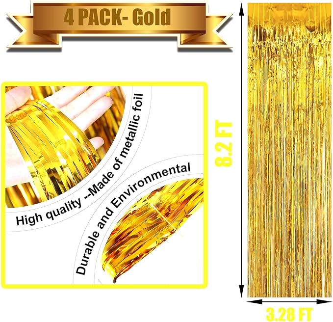 4 Pack Gold Foil Fringe Curtain Backdrop, 3.28Ft x 8.2Ft Metallic Tinsel Foil - Image 2