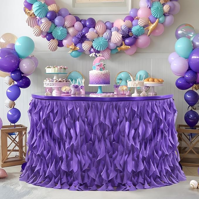 Partisky Mermaid Purple Tulle Curly Willow Table Skirt - Image 8