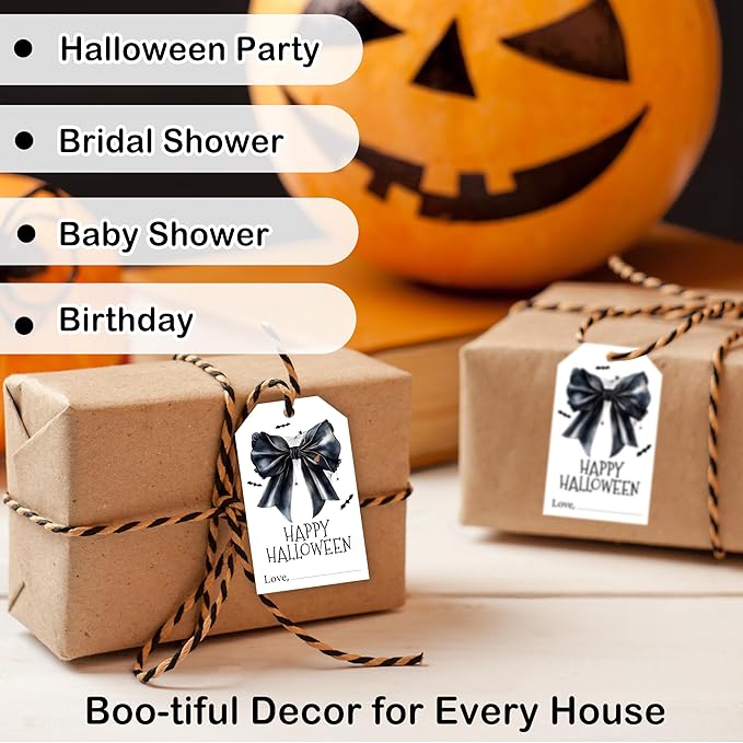 50 Pcs Halloween Tags with String, 2.1"×3.5" Bowknot Paper Gifts Tags, Bat - Image 6