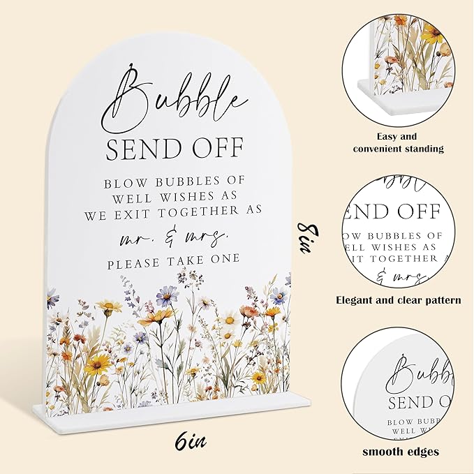 Wedding Signs for Ceremony and Reception, Boho Floral Acrylic Bubble Send Off - Image 2