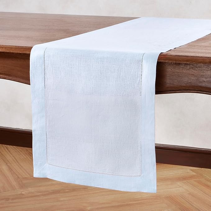 Linen Table Runner 90 inches Long – Hemstitch 100% Pure Linen Light Blue Dining - Image 4