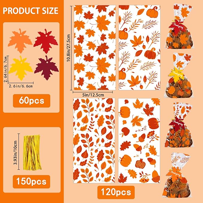YUJUN 120 PCS Fall Cellophane Treat Bags, Maple Leaves Gift Goodie Candy Autumn - Image 2