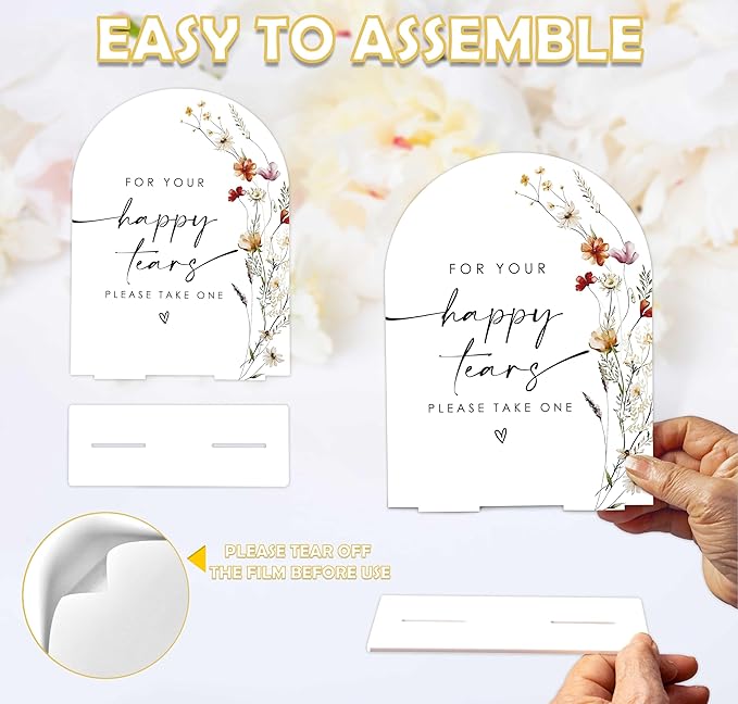Boho Floral Happy Tears Tissue Sign, 6 x 8 Inch White Arch Acrylic Wedding Sign - Image 3