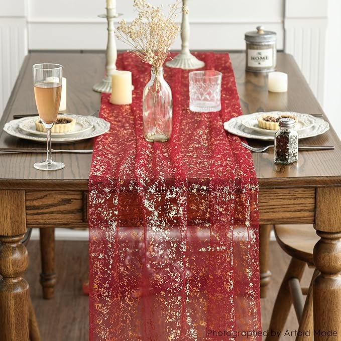 Artoid Mode Red Gold Gauze Table Runner 120 Inch 10FT, Glitter Metallic Foil - Image 2
