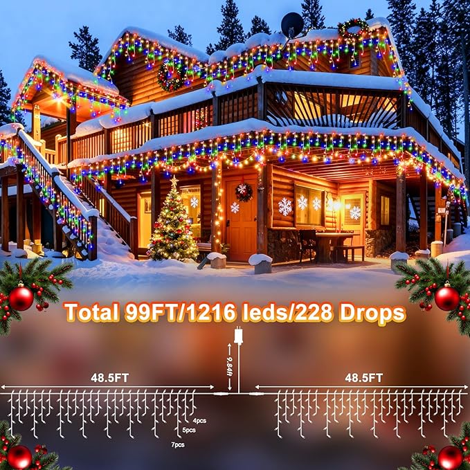KNONEW 99ft 1216 LED Christmas Lights Outdoor 8 Modes Curtain Fairy String Light - Image 2