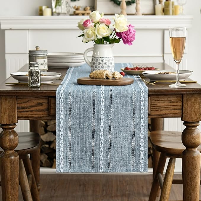 Artoid Mode Dusty Blue Cotton Linen Table Runner, Seasonal Rustic Embroidered - Image 3