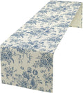 Floral Table Runner, Retro Blue Flower Chinoiserie Sketch Pattern Print Table by Unknown