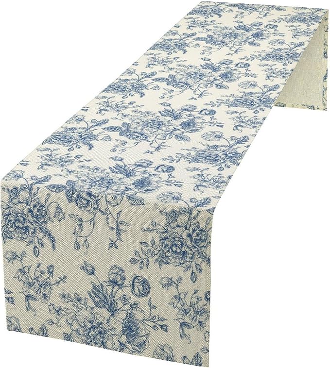 Floral Table Runner, Retro Blue Flower Chinoiserie Sketch Pattern Print Table by Unknown