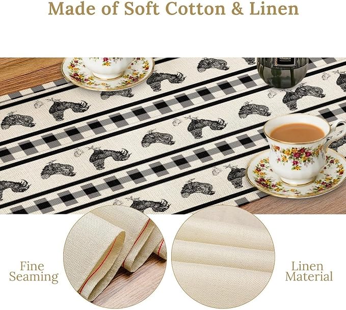 Rooster Table Runner, Farmhouse Animal Vintage Chicken Black White Plaid Check - Image 3