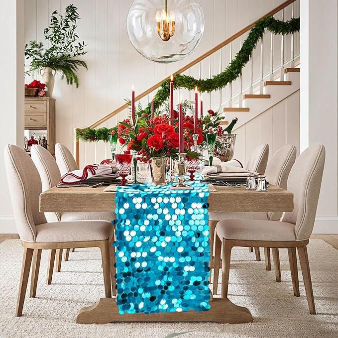 VHH Sequin Table Runner 12 x 108 inches Turquoise Table Runner, Glitter Runner - Image 2