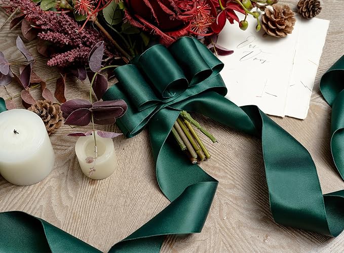 Green Satin Ribbon Double-Faced Wired Ribbons - Image 4