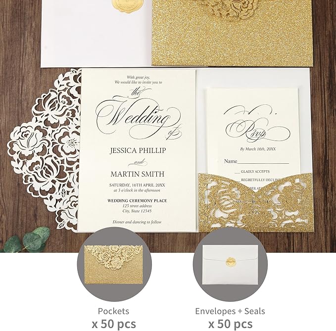 DORIS HOME 50pcs Laser Cut Wedding Invitation Pockets - Image 6