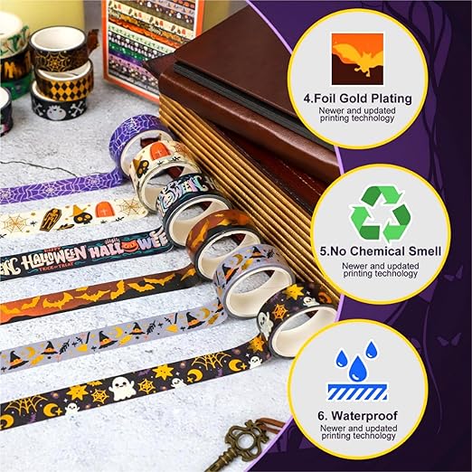 16 Rolls Halloween Washi Tape Holiday Masking Tape Stickers Glod Foil - Image 3