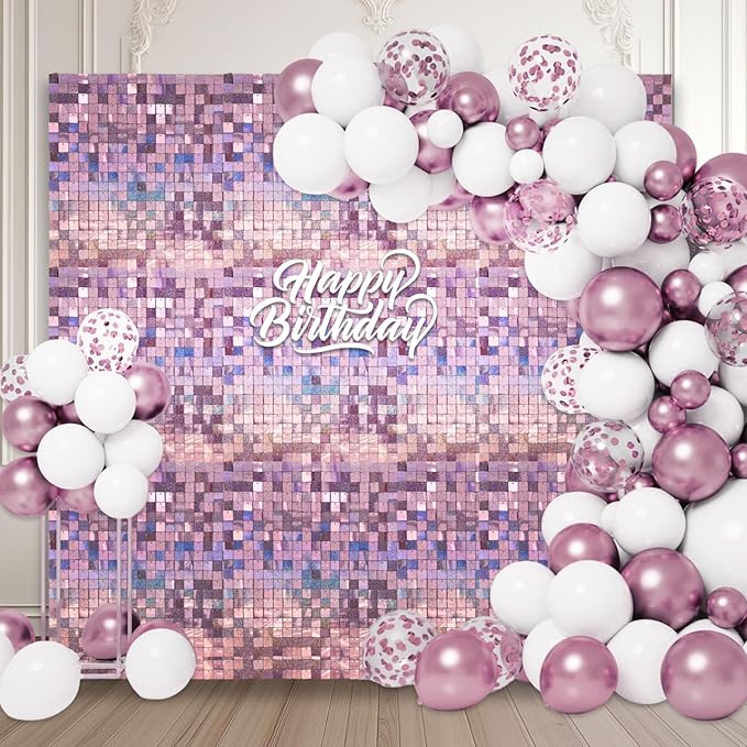 12PCS Light Pink Shimmer Wall Backdrop, Laser Square Sequin Photo Backdrops by ZEBMOON