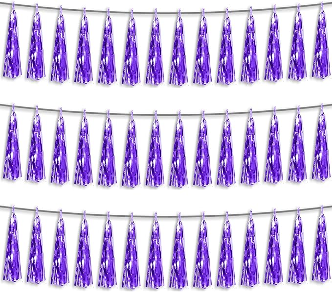 3P Purple Foil Fringe Metallic Tassel Streamers Banner Tassel Garland by HYSILLA