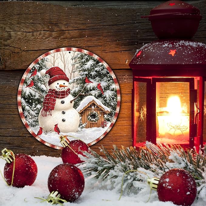 Round Christmas Metal Signs Vintage Snowman and Red Birds Tin Sign Metal Poster - Image 5