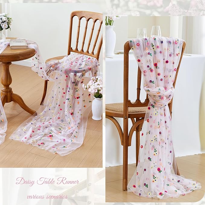 JIALE Pink Floral Table Runner, Embroidery Daisy Seasonal Table Decorations - Image 6