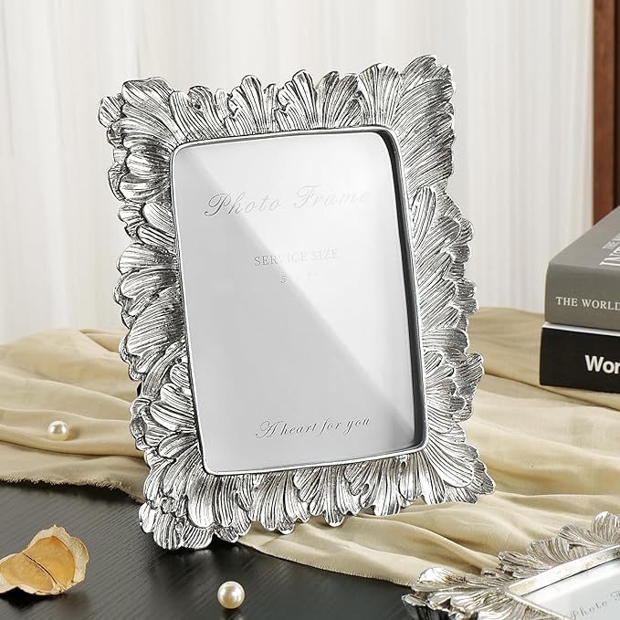 Silver 5x7 Picture Frame, Vintage Silver Palm Leaves Textured Hand-Crafted Resin - Image 8