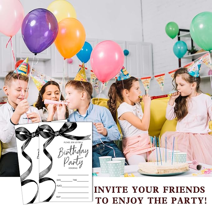 SIXEIGHT Black Bow Birthday Invitations, 20 Party Invitations - Image 6