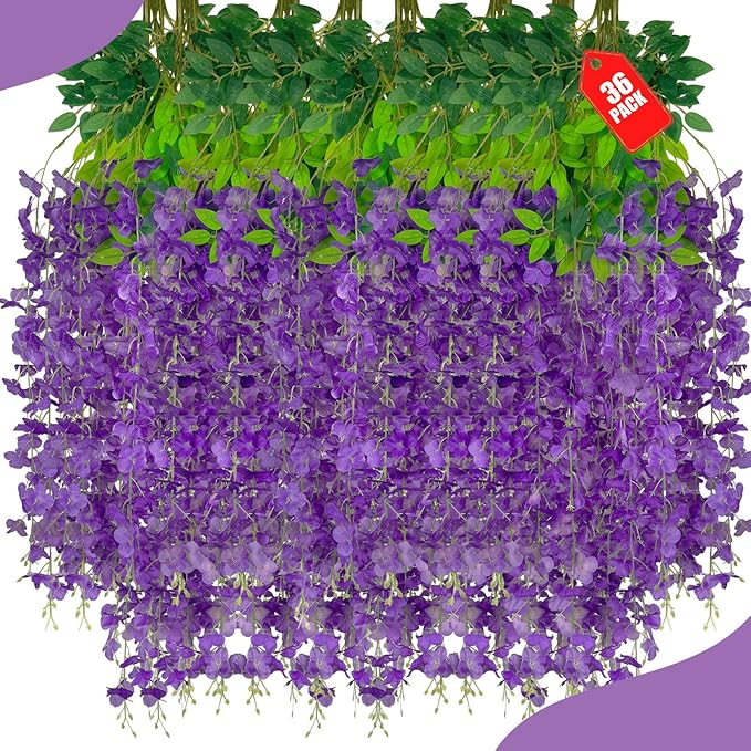 36 Pack Purple Wisteria Hanging Flowers, 3.44 Ft Fake Hanging Flowers, by ZEBMOON