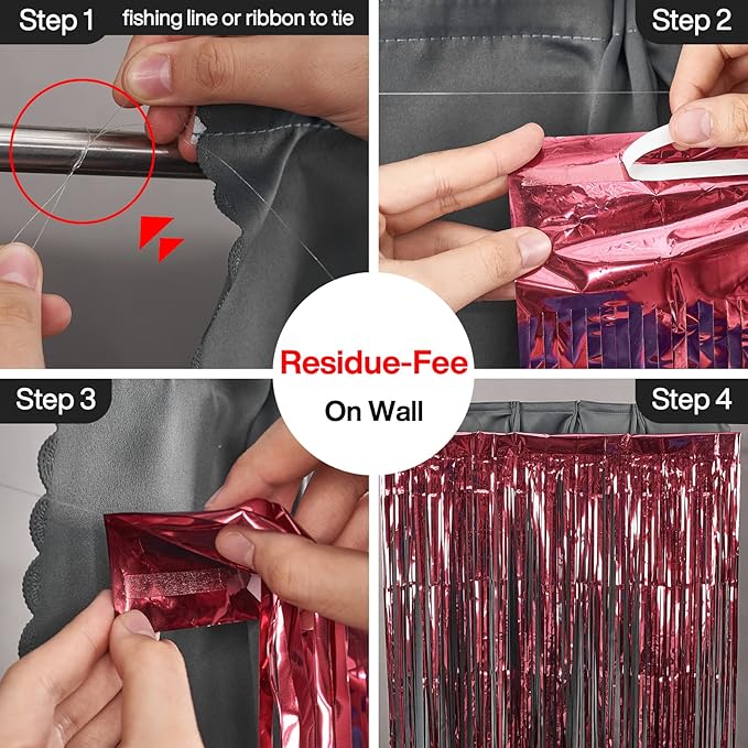 PartyWoo Red Streamers Fringe Curtain Backdrop 2pcs 8.2 ft Red Tinsel Foil - Image 3