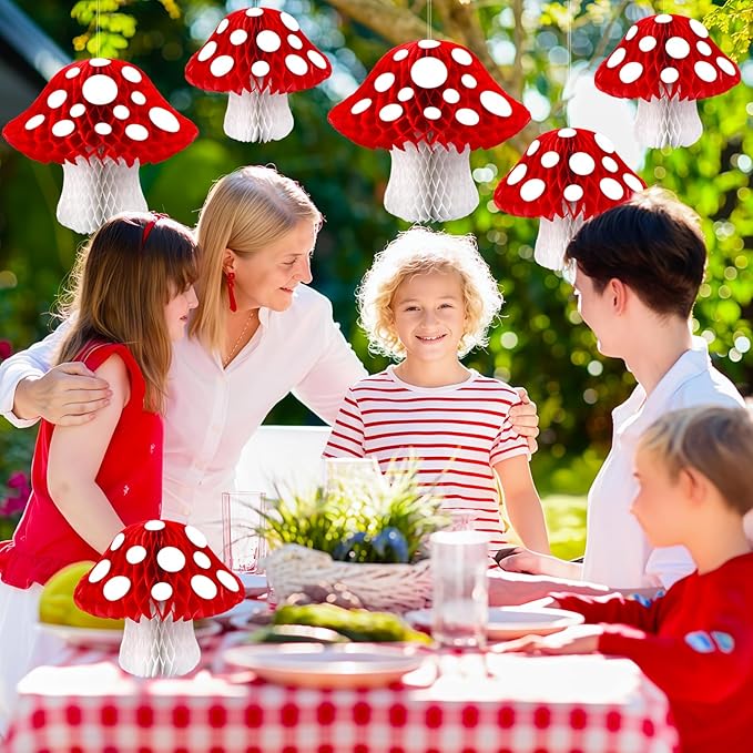 8PCS Mushroom Honeycomb Decor Mushroom Shaped Tissue Paper Pom Decorations - Image 5