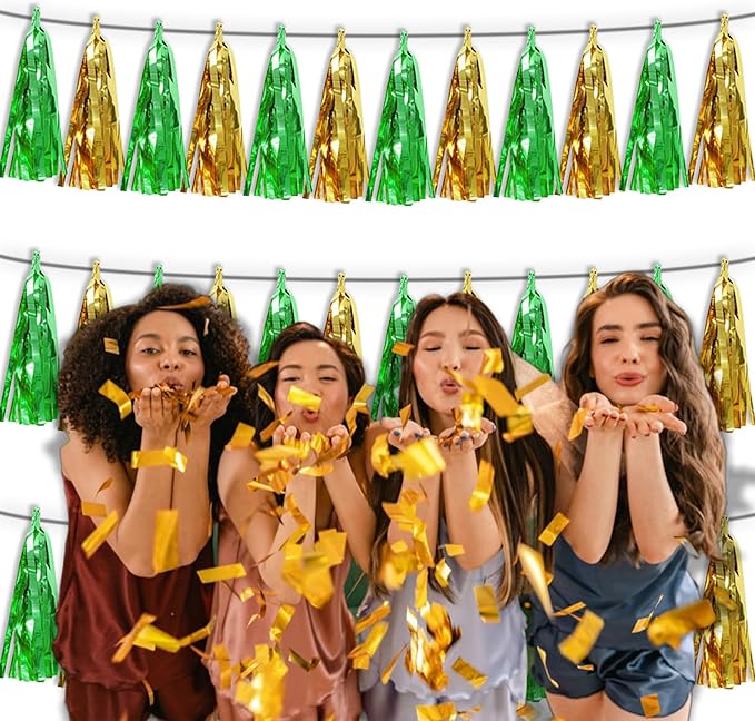 3P Sage-Green Gold Metallic Fringe Tassel Banner Garland Foil Tinsel Streamer - Image 6