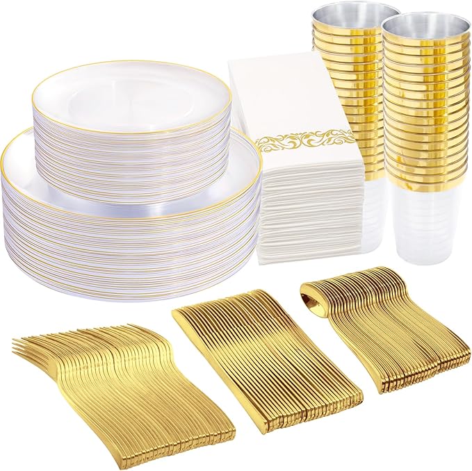 Supernal 350PCS Clear and Gold Plastic Dinnerware Set Include Clear Disposable by supernal