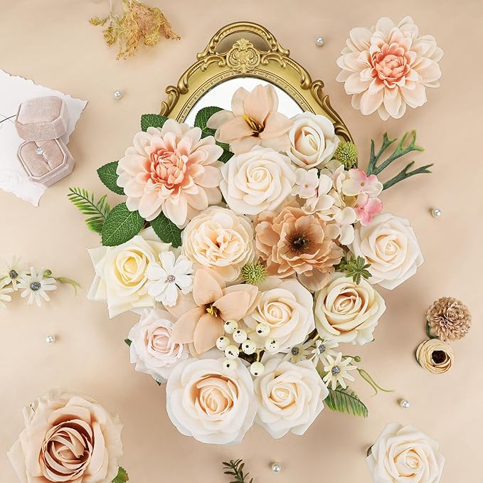 AmyHomie Nude Color Artificial Flowers Combo Silk Mix Peony Rose Fake Flowers - Image 5
