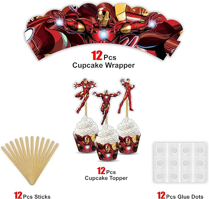 "Irn Man Cupcake Wrapper – Theme Birthday Party Supplies – Cartoon Inspired - Image 4