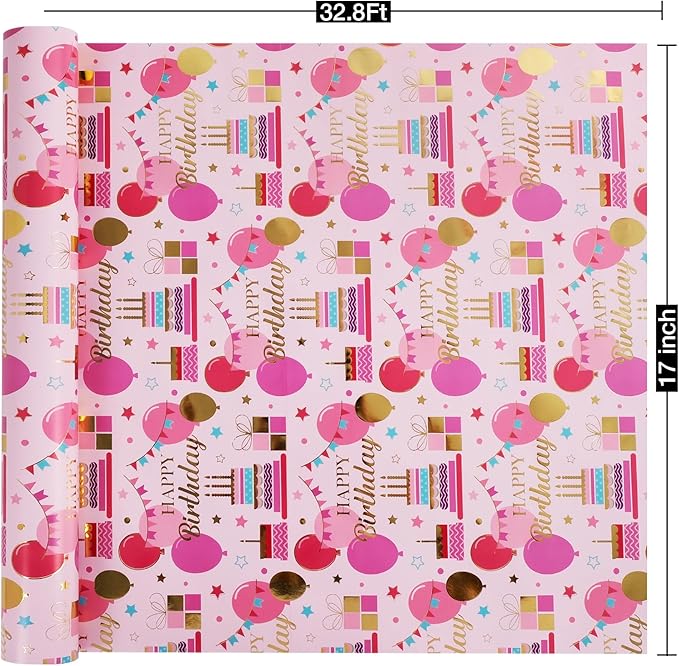 Aimyoo Pink Birthday Wrapping Paper Roll - Image 3