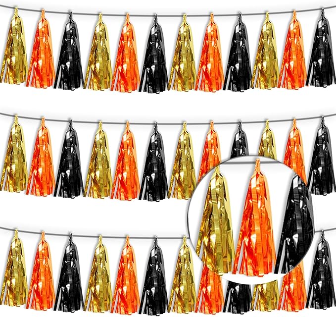 3P Orange Gold Black Metallic Fringe Tassel Banner Garland Foil Tinsel Streamer by Xuuf
