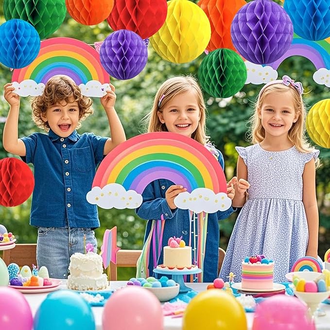 Rainbow Paper Honeycomb Balls, 12 Pack Colourful Hanging Tissue Pom Poms - Image 4