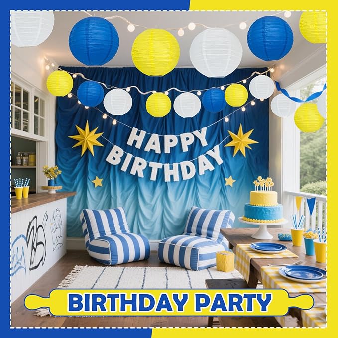 12Pcs Blue and Yellow Party Decorations Hanging Round Paper Lanterns Assorted - Image 7