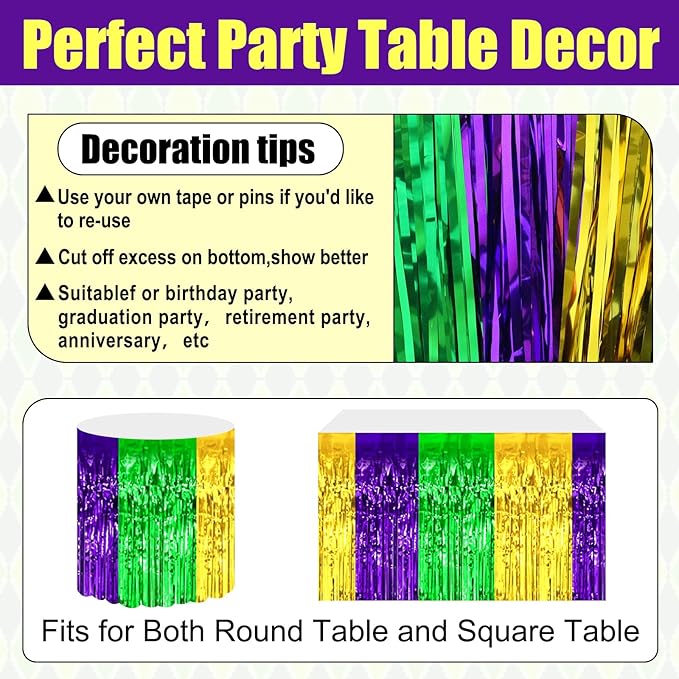 3 Pack 29x108 Inch Gold Green Purple Foil Fringe Table Skirts Metallic Banner - Image 3