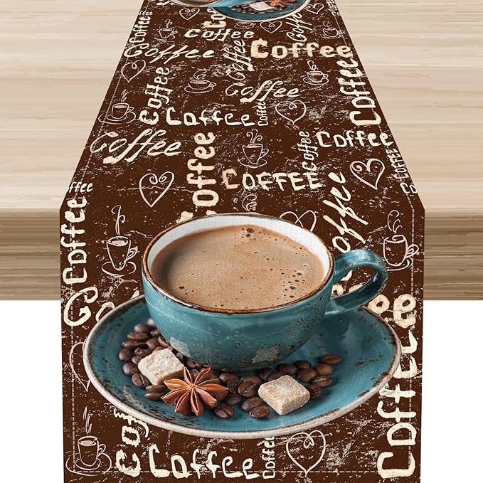 Coffee Theme Table Runner, Farmhouse Retro Brown Coffee Cup Tea Party Rustic by Unknown
