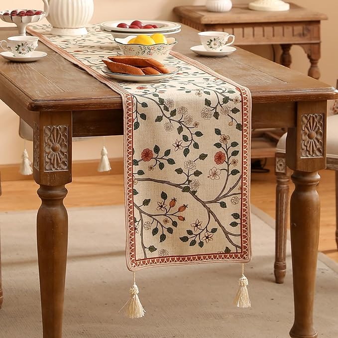 ISAENNE Designer Elegant Linen Floral Table Runner 87 Inches Long, Farmhouse - Image 2