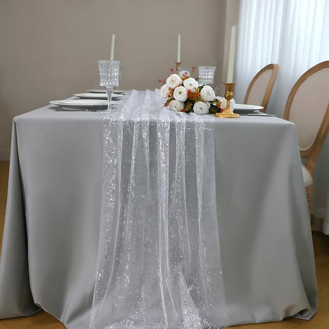 Snowkingdom 3 Pcs 10 FT Silver Cheesecloth Table Runner, 120 Inch Sheer Chiffon - Image 3