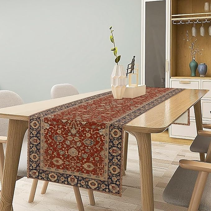 Boho Floral Vintage Red Blue Table Runner, Retro Flower Rustic Country - Image 3
