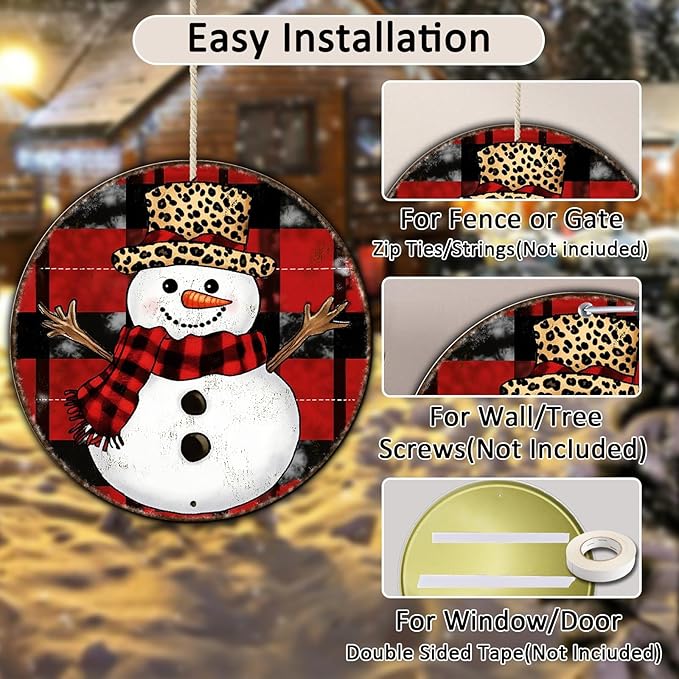 Round Christmas Snowman Tin Sign Vintage Snowman Sign Rustic Wall Decor - Image 3