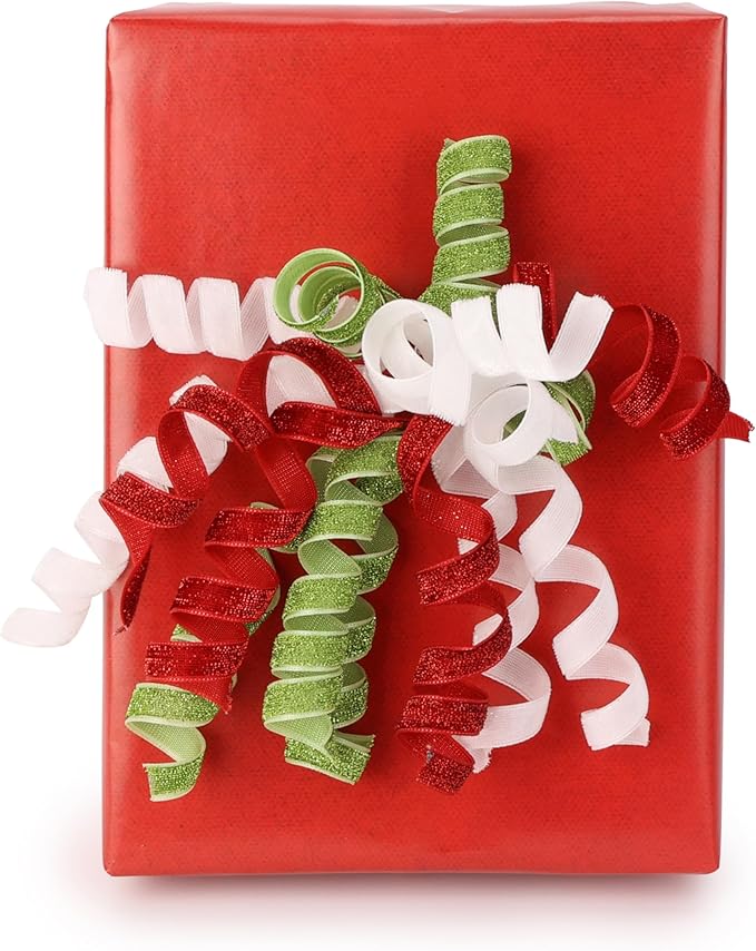 6" Metallic Glitter Red and Lime Green Self Adhesive Curly Ribbon Gift Wrap Bows - Image 4