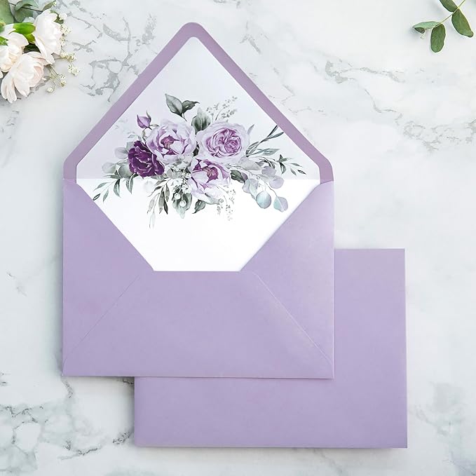 PONATIA 50PCS A7 Euro Flap Envelopes, 5.25 x 7.25'' Lilac Flowers Liner by ponatia