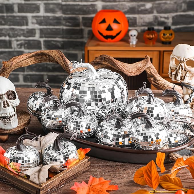Lenwen 12 Pcs Artificial Disco Pumpkin Glitter Mirror Pumpkin - Image 2