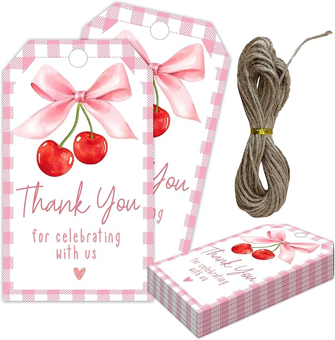 Cherry Gift Tags, 2x3.5 Inch Pink Bow Gift Tags, Paper Personalized Design by MXLINSW